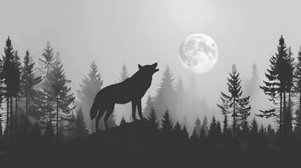 A monochrome vector of solitary wolf howling at the moon against a backdrop of dense forest.