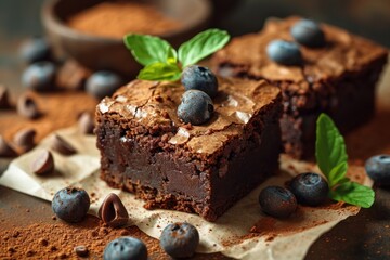 Chocolate brownies with blueberries and cocoa powder. Selective focus