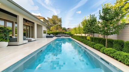 A new rectangular swimming pool with tan concrete edges, positioned in the fenced backyard of a newly built house, surrounded by privacy hedges