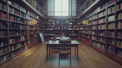 A serene image of a quiet library, with rows of books and a single desk in the center, symbolizing the importance of education and knowledge on Teacher's Day.