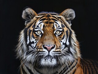 Behold the majestic presence of a tiger, its powerful gaze piercing through the darkness of a black background. In this captivating portrait, the tiger's regal demeanor is highlighted