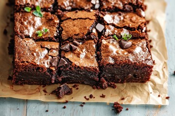 Chocolate brownies with chocolate chips and mint leaves, selective focus. Fudge brownie on a Background with Copy Space. 