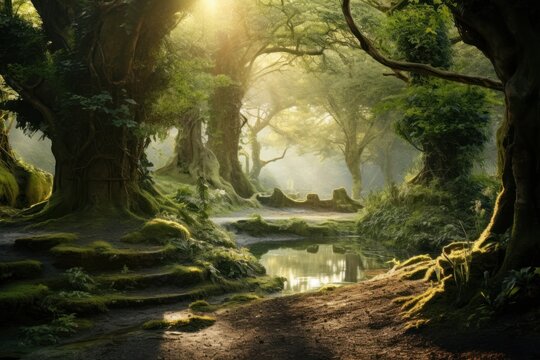 Green forest landscape sunlight outdoors.