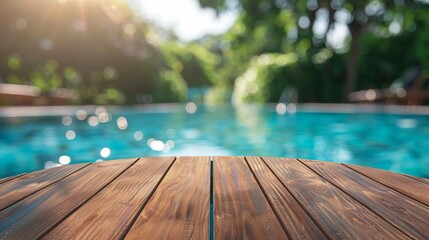 A round wooden table with a blurred background of an empty swimming pool outdoors on a bright summer day