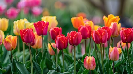 Vibrant tulips are blooming beautifully in the spring season