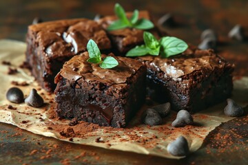 Chocolate brownies with mint on a brown background, selective focus