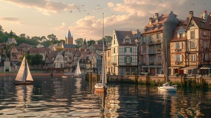 A quaint coastal town at dusk, with pastel-hued buildings lining the waterfront and sailboats...