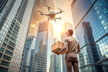 Technologies of the future. A delivery drone carries a cardboard box for a person on a rope. A delivery drone flies between modern skyscrapers. The concept of developing the delivery of goods.