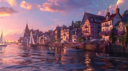 A quaint coastal town at dusk, with pastel-hued buildings lining the waterfront and sailboats gliding gracefully across the tranquil harbor. - obrazy, fototapety, plakaty
