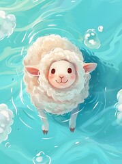 Cheerful Cartoon Sheep Swimming in Water

