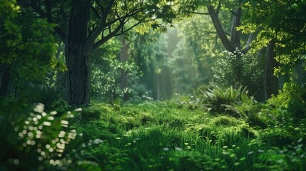 A serene and calming forest scene, featuring lush greenery and natural light, representing the power of creativity to connect with nature and promote well-being on National Creativity Day.