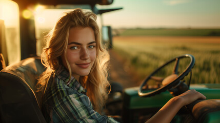 WOMAN FARMER WITH TRACTOR IN THE BACKGROUND
