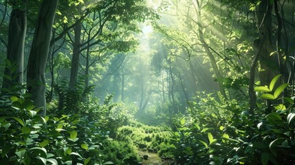A serene and calming forest scene, featuring lush greenery and natural light, representing the power of creativity to connect with nature and promote well-being on National Creativity Day.