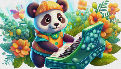 Fototapeta premium oil painting style cartoon character cute baby panda playing piano isolated on white background, top view. side,
