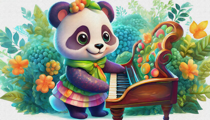 oil painting style cartoon character cute baby panda playing piano isolated on white background, top view. side,