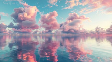 Colorful fluffy clouds floating over calm sea, 3d render.