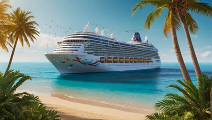 Gorgeous cruise ship, tropical beach destination