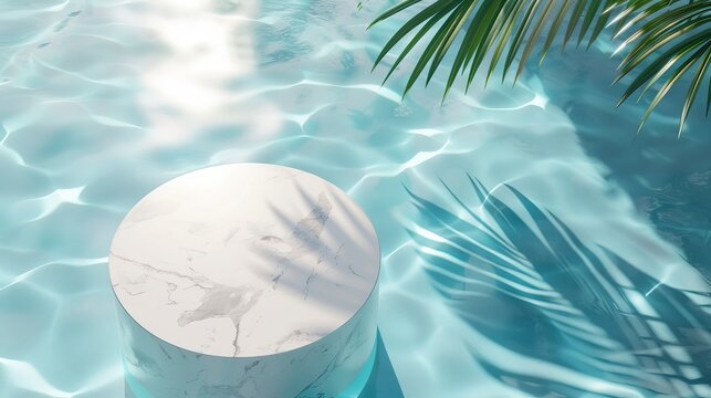 An Aerial View Of A Marble Podium Stand In Swimming Pool Water, Shaded By A Palm, Creating A Summer Tropical Backdrop Ideal For Showcasing Luxury Products