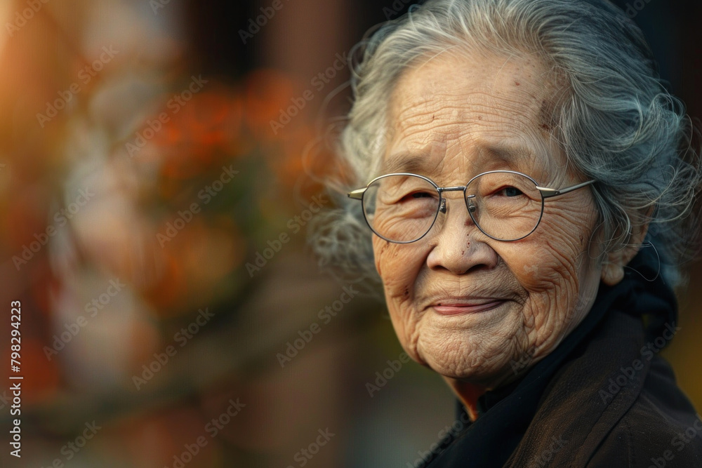 Wall mural serene asian elder with glasses in a natural setting during golden hour, embodying peace.