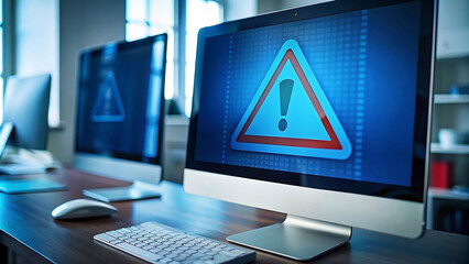 Generative ai. A computer monitor on a desk displays a red and white warning triangle with an exclamation mark in the center, indicating an alert or error