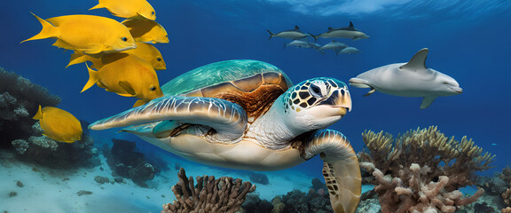 Ocean Wanderer: Sea Turtle Swimming Among Coral Reefs Generative AI