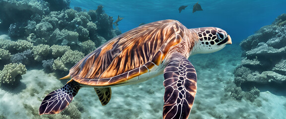 Obraz premium Ocean Wanderer: Sea Turtle Swimming Among Coral Reefs Generative AI