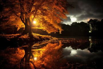 Majestic autumn tree reflected in still water against a dark night sky with glowing backlight.