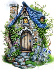 Magical Fairy House Coloring Page with Colored Pencil