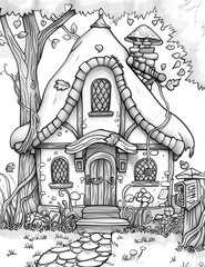 Whimsical Fairy House Coloring Page in Light Grayscale