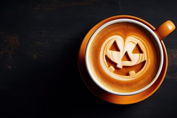 Halloween-themed cappuccino with artistic pumpkin foam art on dark wooden background.