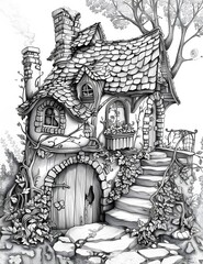 Whimsical Fairy House Coloring Page in Light Grayscale