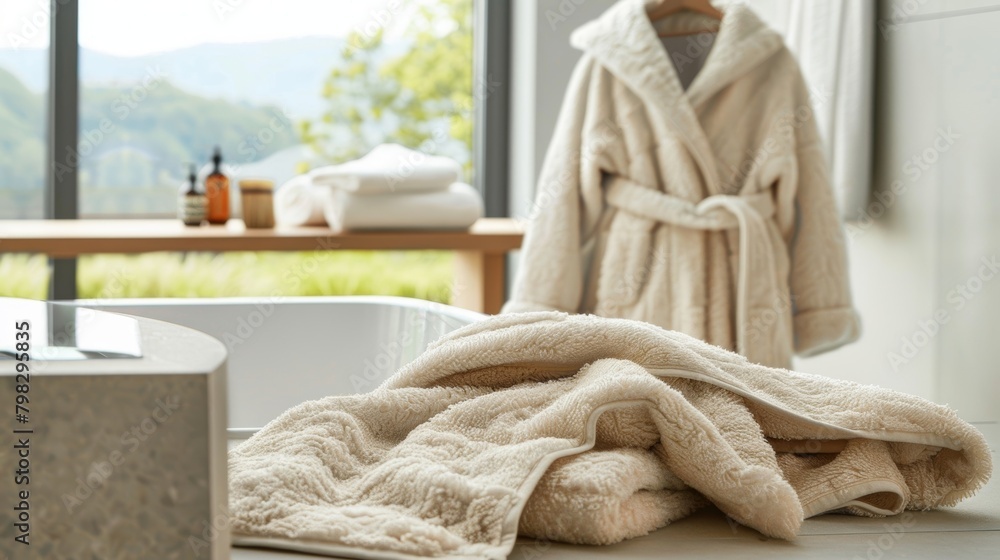 Poster a fluffy and absorbent bathrobe designed to quickly dry off and warm up after a refreshing sauna ses