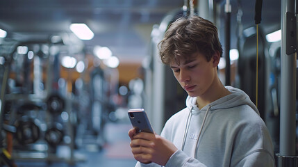 Active boy using smartphone in fitness gym