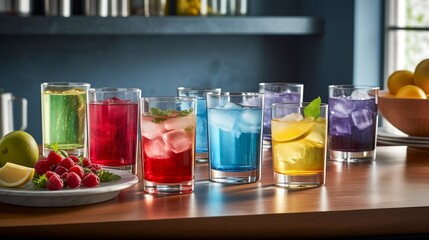 healthful drinks inspired by the colors of the rainbow, a variety of vibrant beverages are elegantly arranged in a modern kitchen. Generative AI	