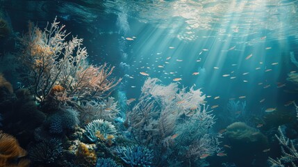 A serene underwater scene, featuring a school of fish swimming among sea fans and other coral structures, representing the delicate balance of marine ecosystems on World Reef Awareness Day.