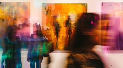 The blurred background of a crowded exhibit hall creates a sense of anonymity and mystery as the colorful paintings and sculptures fade into obscurity leaving the viewer to wonder . - obrazy, fototapety, plakaty