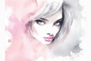 Elegant fashion woman with red lips makeup watercolor illustration in purple and pink colors. Young and beautiful girl liquid acrylic painting. Banner with copy space