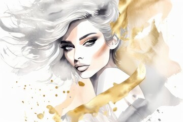 Elegant fashion woman with red lips makeup watercolor illustration in grey and yellow colors. Young and beautiful girl liquid acrylic painting. Banner with copy space