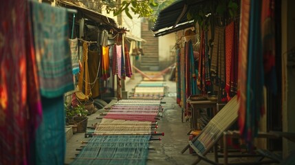 A serene view of a handloom weaving community with traditional homes and looms, showcasing the cultural significance of handloom weaving in India.