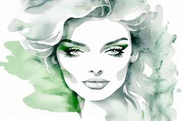 Elegant fashion woman with makeup watercolor illustration in green and grey colors. Young and beautiful girl liquid acrylic painting. Banner with copy space