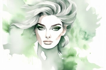 Elegant fashion woman with makeup watercolor illustration in green and grey colors. Young and beautiful girl liquid acrylic painting. Banner with copy space