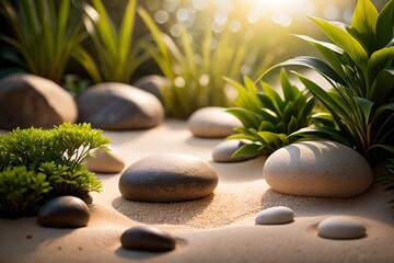 Zen garden, relaxation therapy with balanced landscaping of sand stone greenery