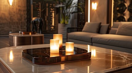 Soft candlelight flickers across the polished surfaces of the furniture, casting a warm glow that enhances the richness of the materials and the sophistication of the design