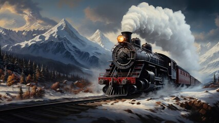 An old steam train chugging through snowy mountains on christmas day.