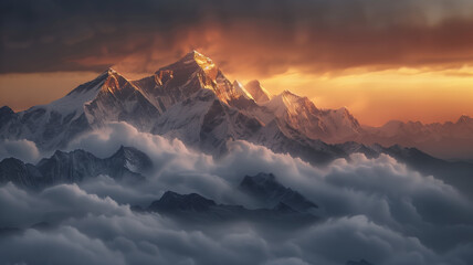 View of the Himalayas during a foggy sunset night.