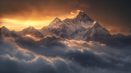 View of the Himalayas during a foggy sunset night.