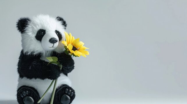 Cute little panda doll holding sunflower bouquet, black and white fur pattern, simple background, plush toy style, simple drawing style, white background, high definition image quality