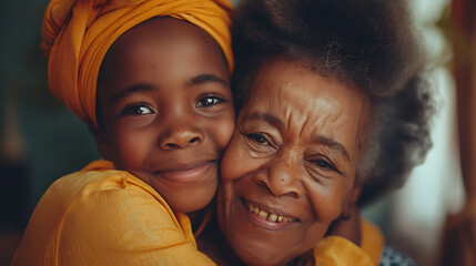 African son hugging his mum indoors at home - Main focus on senior mother face - Mom day and family love concept
