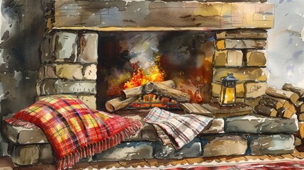 A cozy fireplace crackles, the flames weaving tales of warmth and family gatherings, bright water color