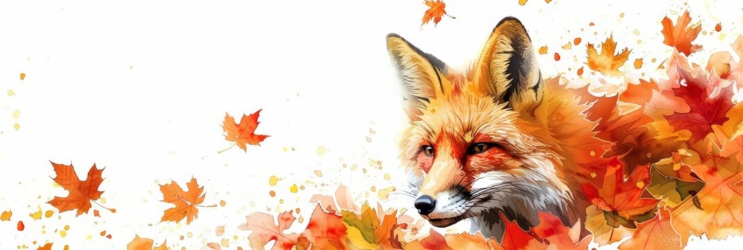 A curious fox peeks out from behind autumn leaves, its fiery coat a stark contrast against the white, kawaii water color